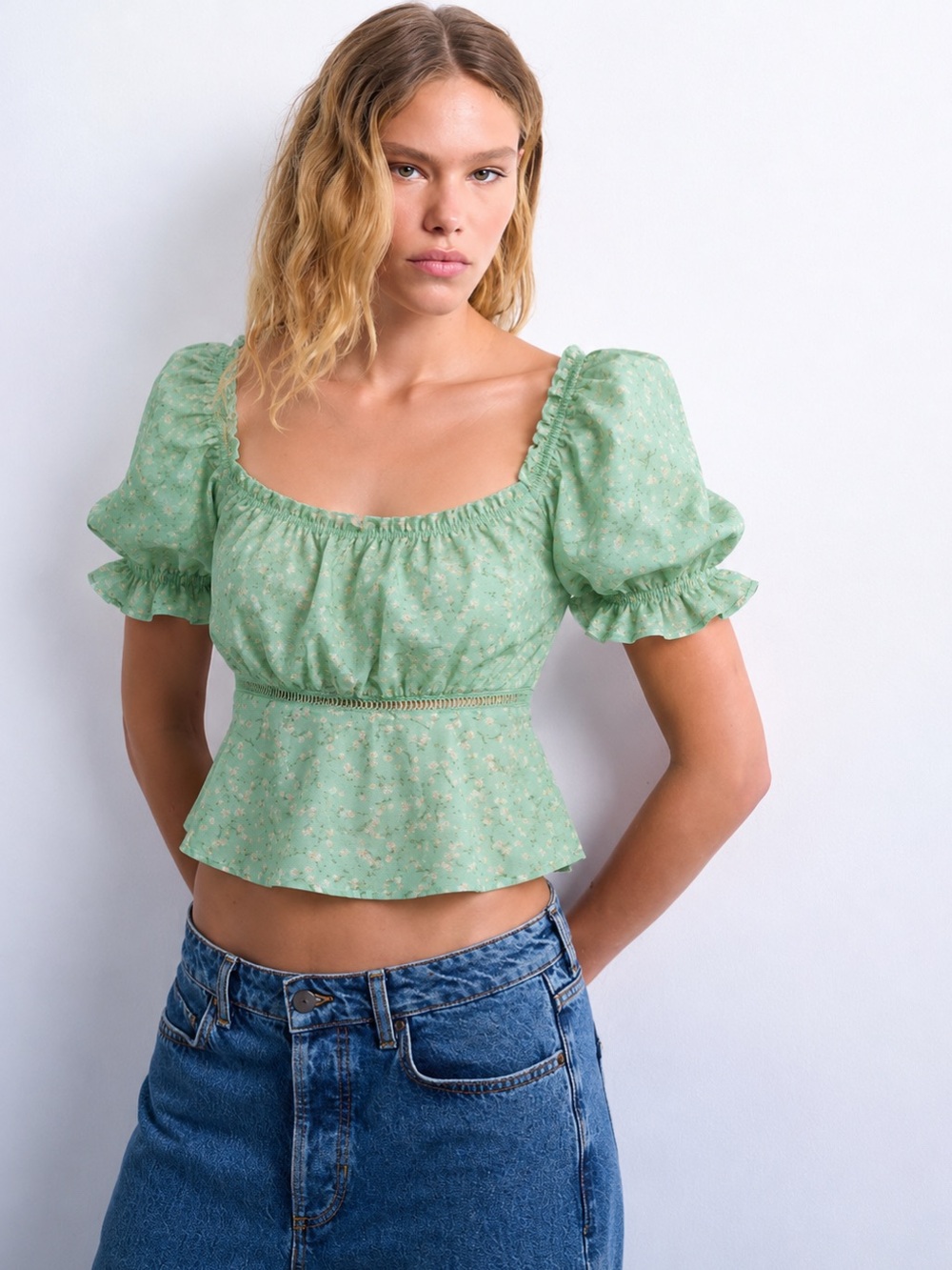 Love & Piece Collective Mint Green Floral Puff Sleeve Peplum Top Med Cottagecore